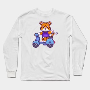 Cute Cheetah Tiger Riding Scooter And Waving Hand Cartoon Long Sleeve T-Shirt